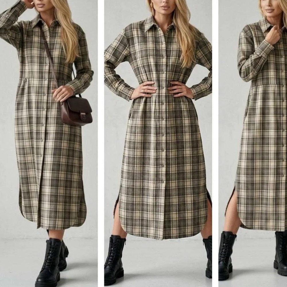 COS Plaid Wool Blend Midi Shirt Dress Brown Tan Long Sleeve Pockets Size 4 a5